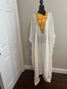 White Gauze Kaftan Maxi Dress Gold Embroidered Luxury Resort Abaya One Size